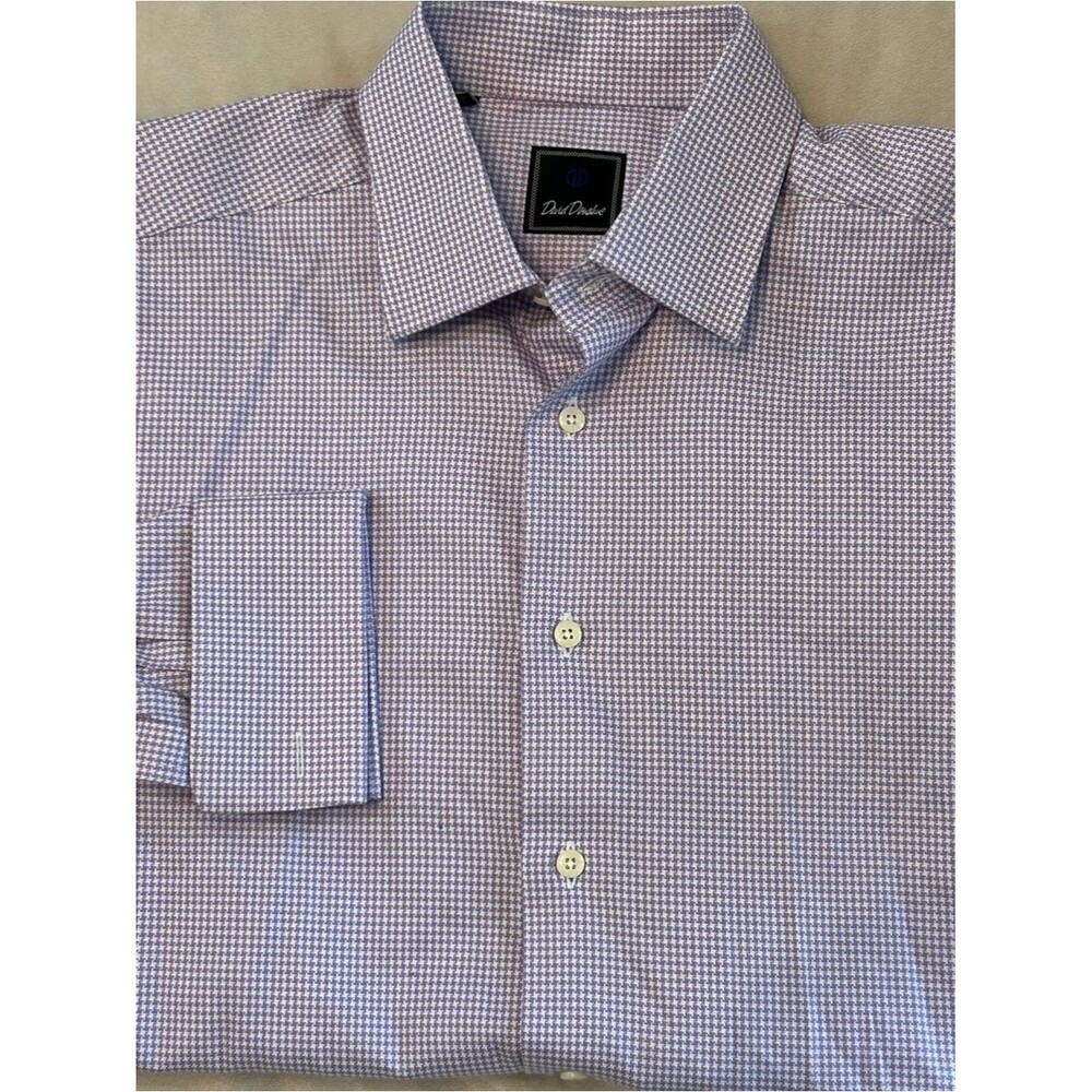 David Donahue Dress Shirt Mens 16.5 34/34 Purple Houndstooth French Cuff Cotton